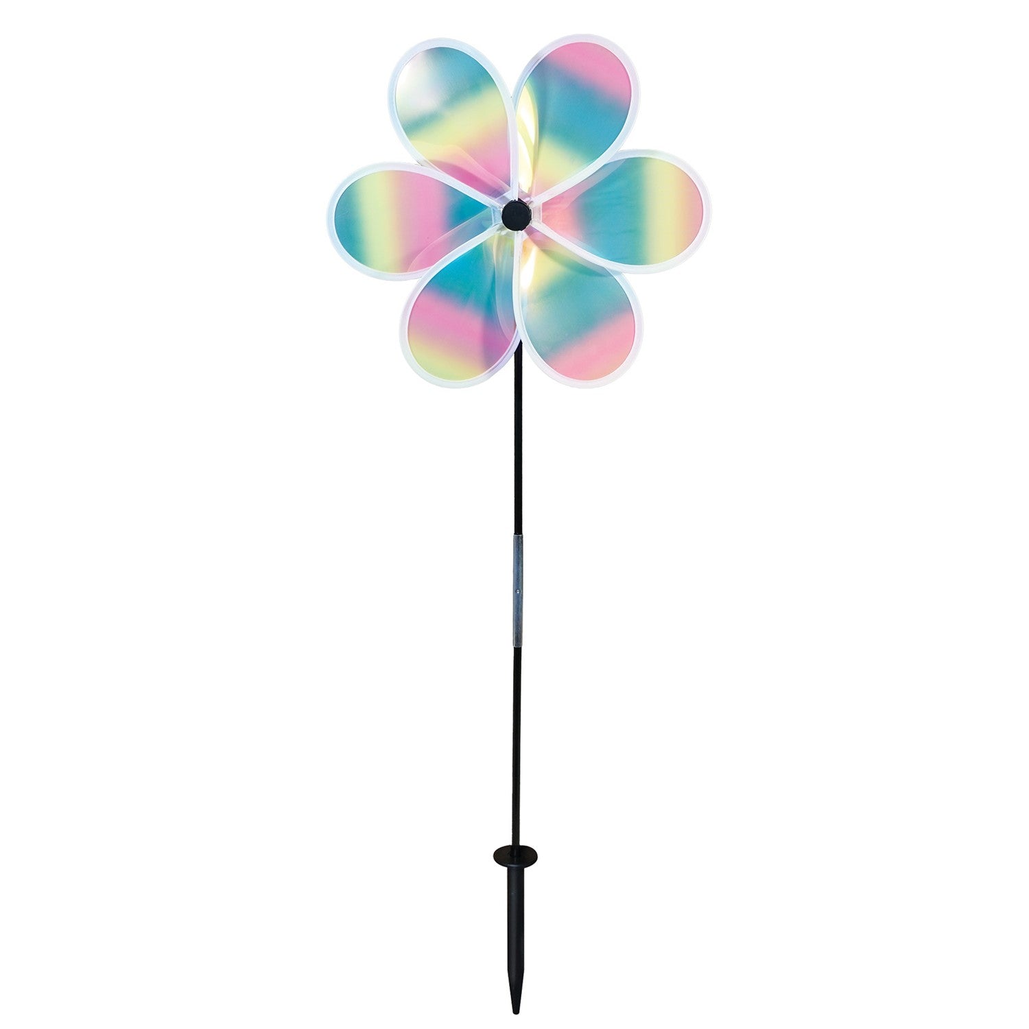 13.5-inch striped iridescent flower spinner with colorful stripes and a shimmering finish, spinning in a garden setting.