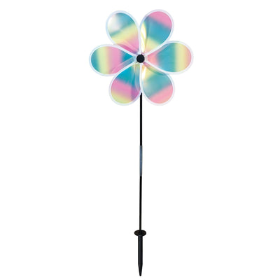 13.5-inch striped iridescent flower spinner with colorful stripes and a shimmering finish, spinning in a garden setting.