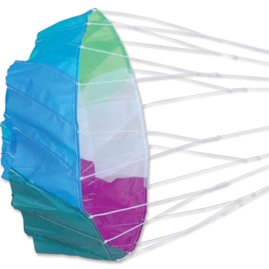 14 in. Dynamo kite tail displayed in the sky, showcasing vibrant colors and a spinning three-dimensional design on a kite line.