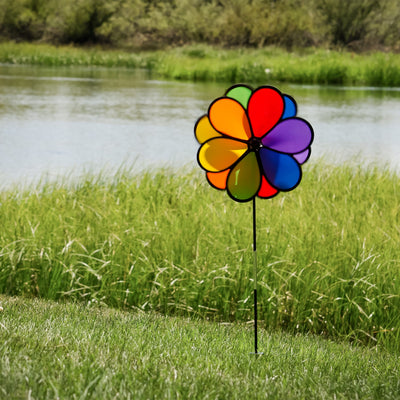 14" Double Flower Spinner features two rainbow-colored flower wheels spinning in opposite directions, adding dynamic decor to any garden.