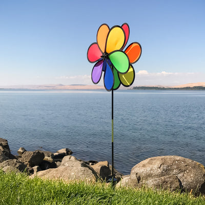 14" Double Flower Spinner features two rainbow-colored flower wheels spinning in opposite directions, adding dynamic decor to any garden.