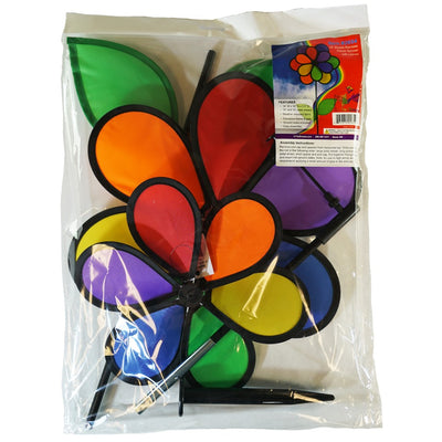 14-inch Rainbow Double Flower with Leaves garden spinner featuring colorful 12 petals and two green leaves, elegantly spinning in the breeze.