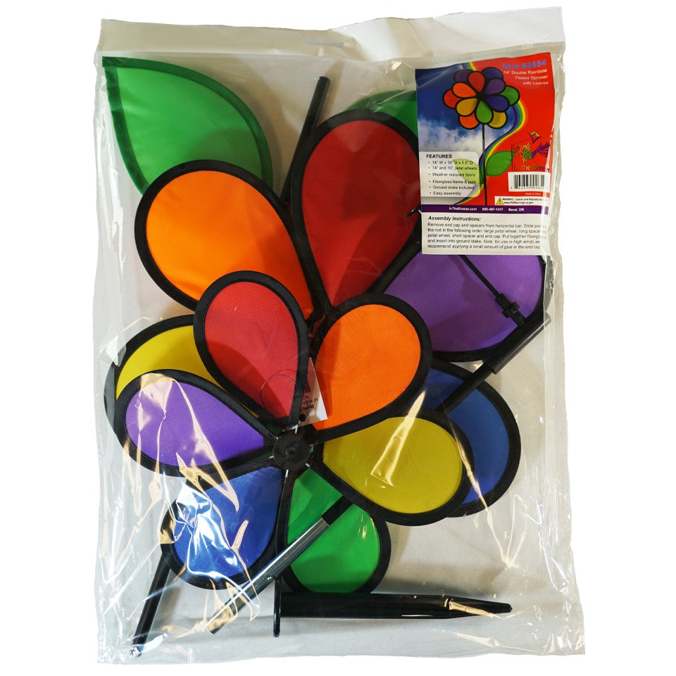 14-inch Rainbow Double Flower with Leaves garden spinner featuring colorful 12 petals and two green leaves, elegantly spinning in the breeze.