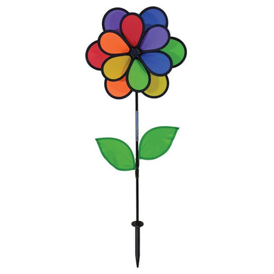 14-inch Rainbow Double Flower with Leaves garden spinner featuring colorful 12 petals and two green leaves, elegantly spinning in the breeze.