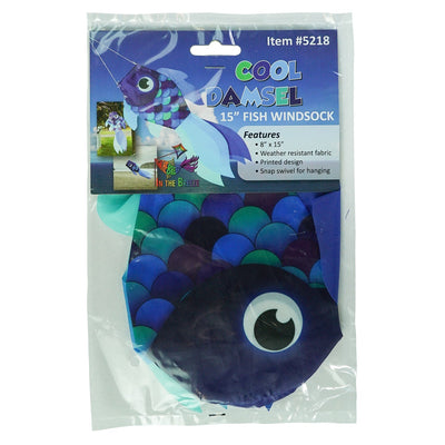 15-inch Cool Damsel Fish windsock featuring vibrant colors, gracefully fluttering in the breeze on a garden pole.