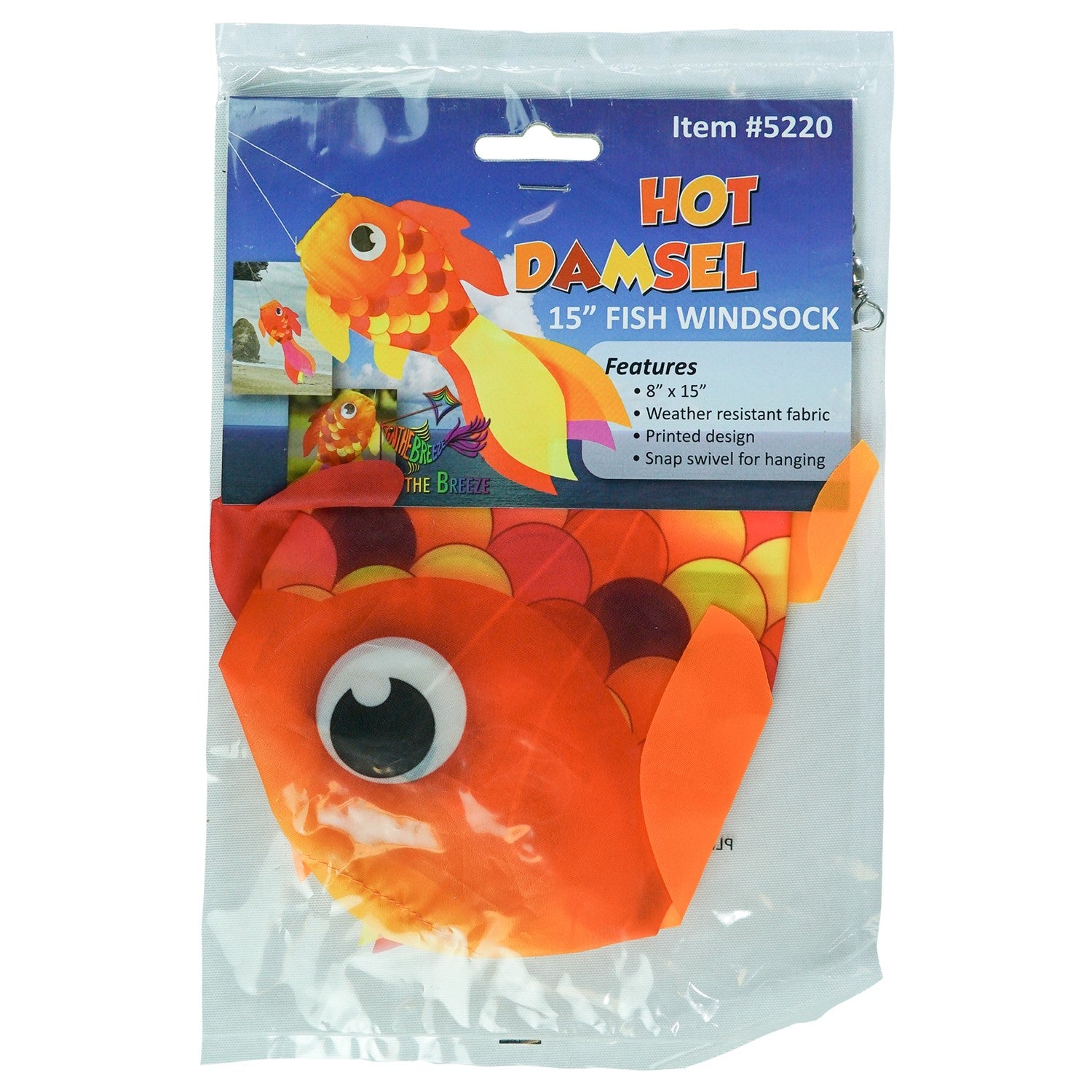 15-inch Hot Damsel Fish windsock in vibrant colors with flapping fins, hung outside in a garden setting to enhance decor.