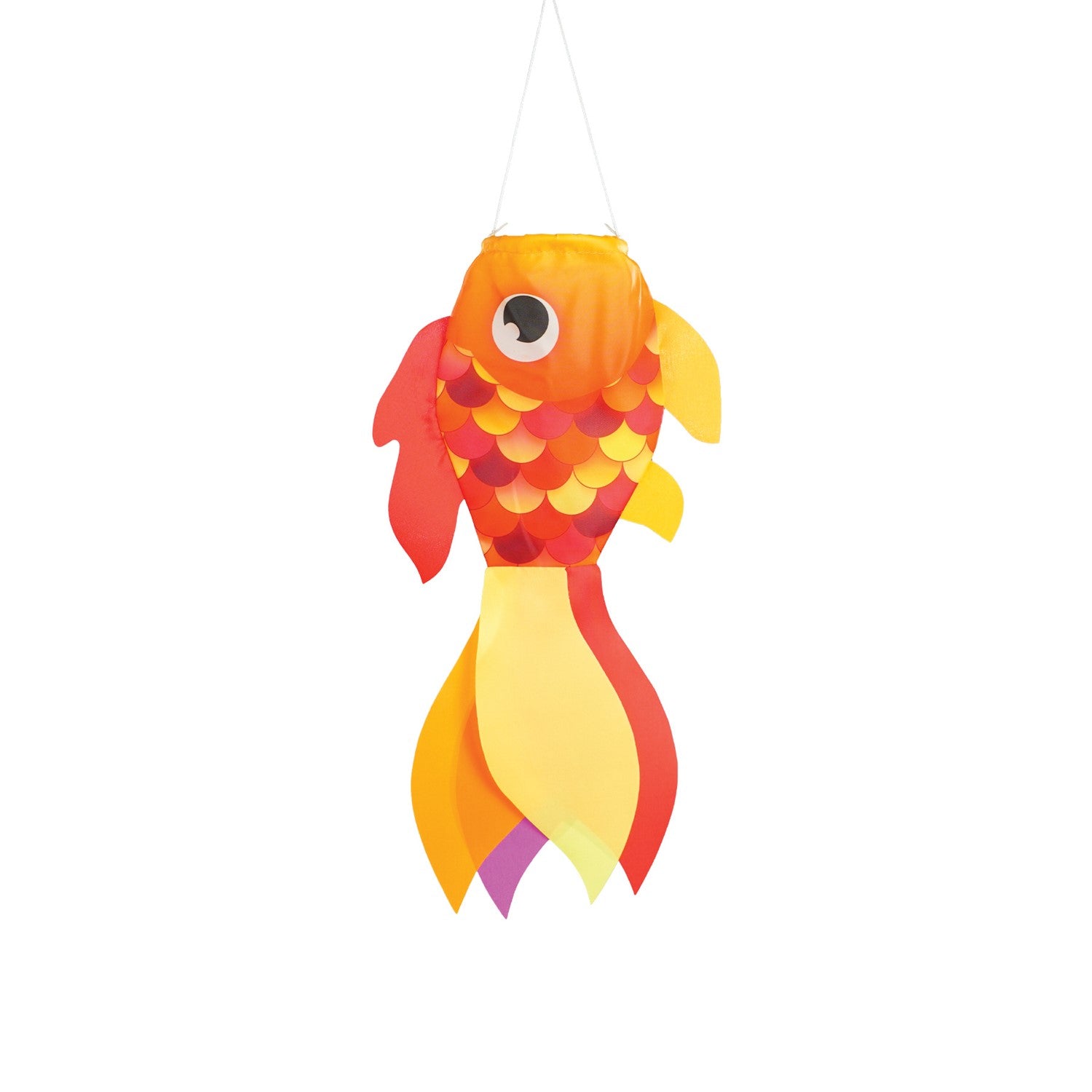 15-inch Hot Damsel Fish windsock in vibrant colors with flapping fins, hung outside in a garden setting to enhance decor.