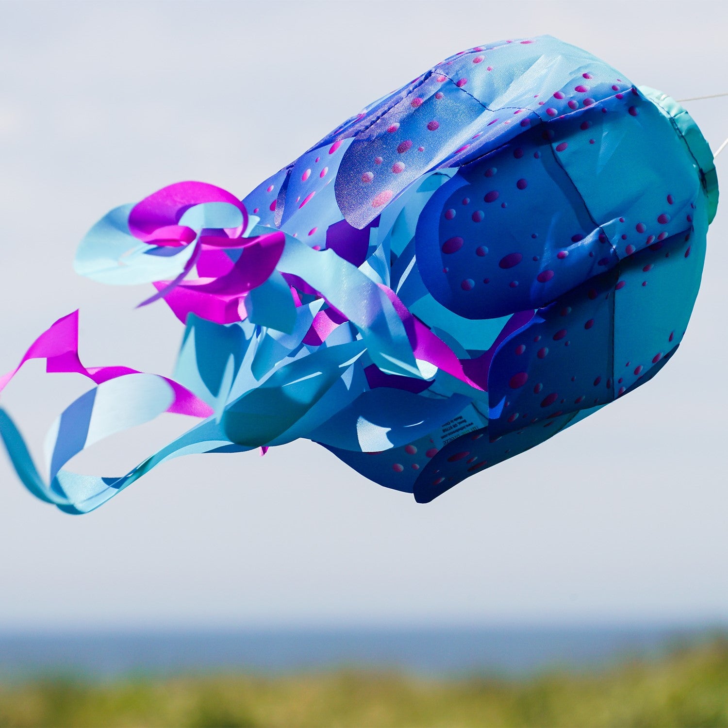 15-inch Blue Jellyfish 3D Windsock with vibrant colors and detailed design, showcasing fluttering tentacles in the outdoor breeze.