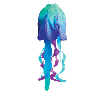 15-inch Blue Jellyfish 3D Windsock with vibrant colors and detailed design, showcasing fluttering tentacles in the outdoor breeze.