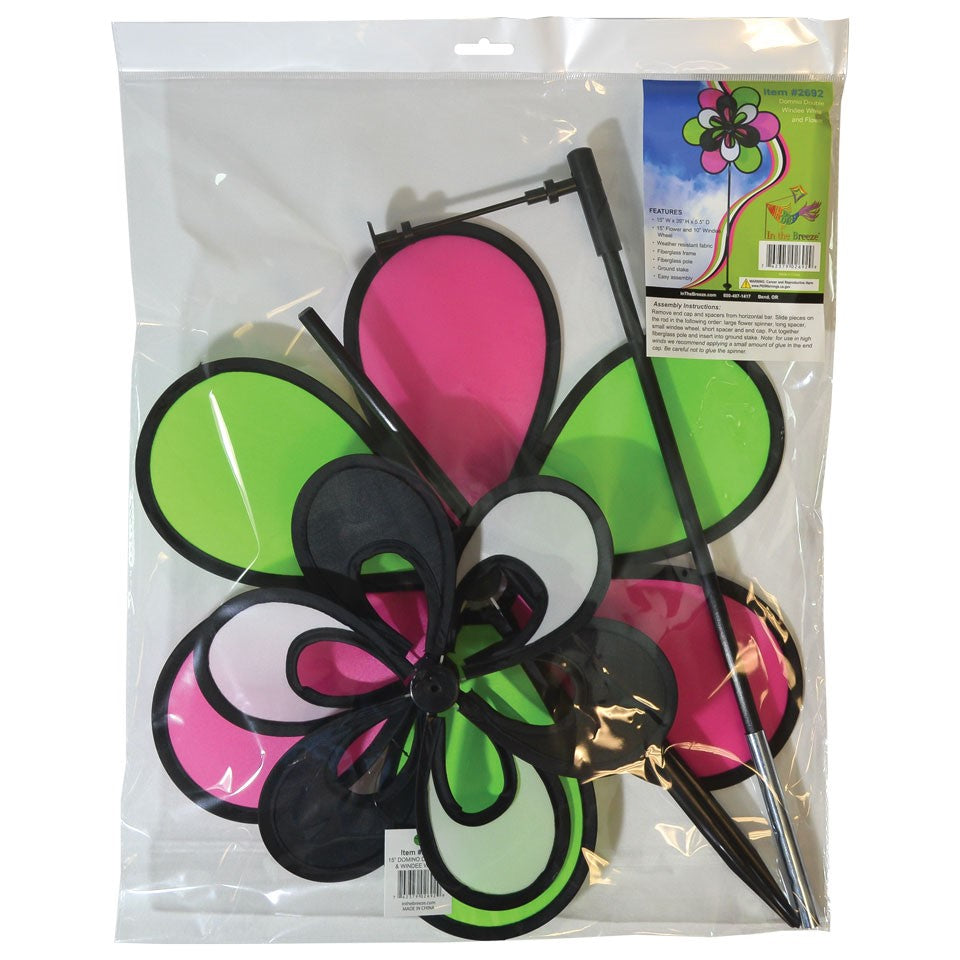 15'' Domino Windee Wheelz and Flower Spinner displaying vibrant flower and wheel designs, swirling in the garden under gentle breezes.