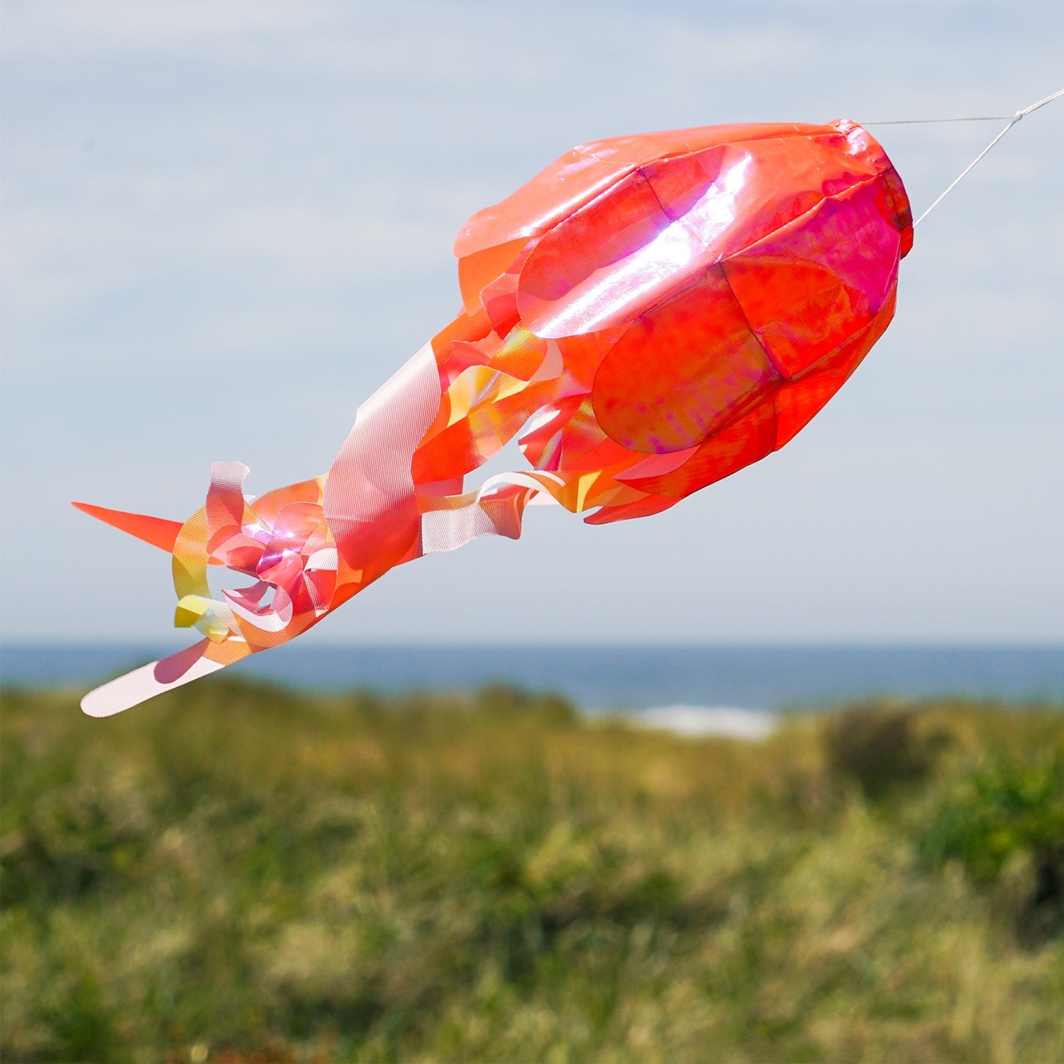 15-inch Orange Iridescent Jellyfish 3D Windsock swaying in the breeze, showcasing vivid colors and realistic jellyfish design.