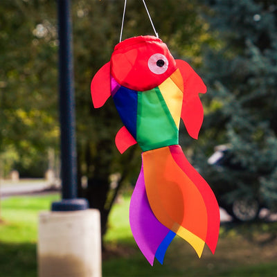 15-inch Rainbow Damsel Fish windsock displaying colorful rainbow applique design fluttering elegantly in the wind against a blue sky.