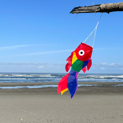15-inch Rainbow Damsel Fish windsock displaying colorful rainbow applique design fluttering elegantly in the wind against a blue sky.