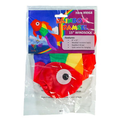 15-inch Rainbow Damsel Fish windsock displaying colorful rainbow applique design fluttering elegantly in the wind against a blue sky.