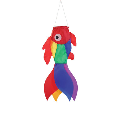 15-inch Rainbow Damsel Fish windsock displaying colorful rainbow applique design fluttering elegantly in the wind against a blue sky.