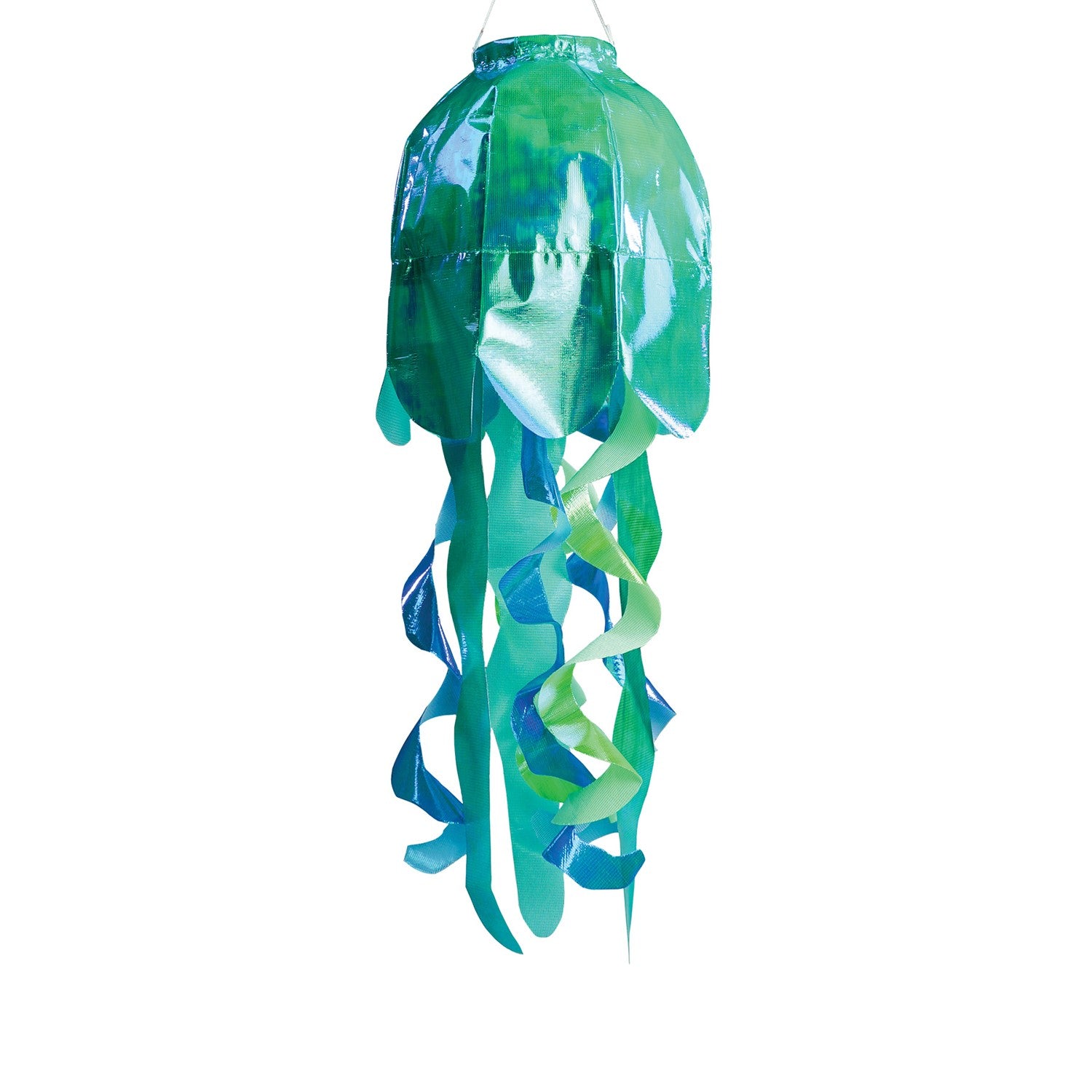 15-inch teal iridescent jellyfish 3D windsock with flowing tentacles and a shimmering finish, bringing ocean vibes to your yard while dancing in the wind.