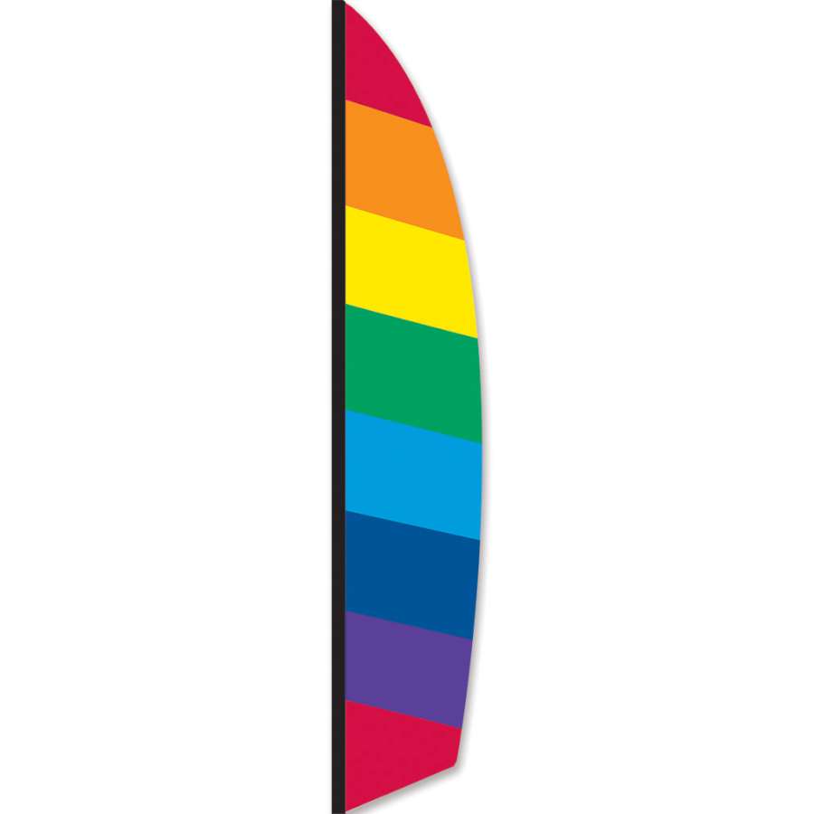 16 ft. Feather Banner - Rainbow featuring vibrant colors in motion, made of ripstop nylon, setup outdoors for a festive event.