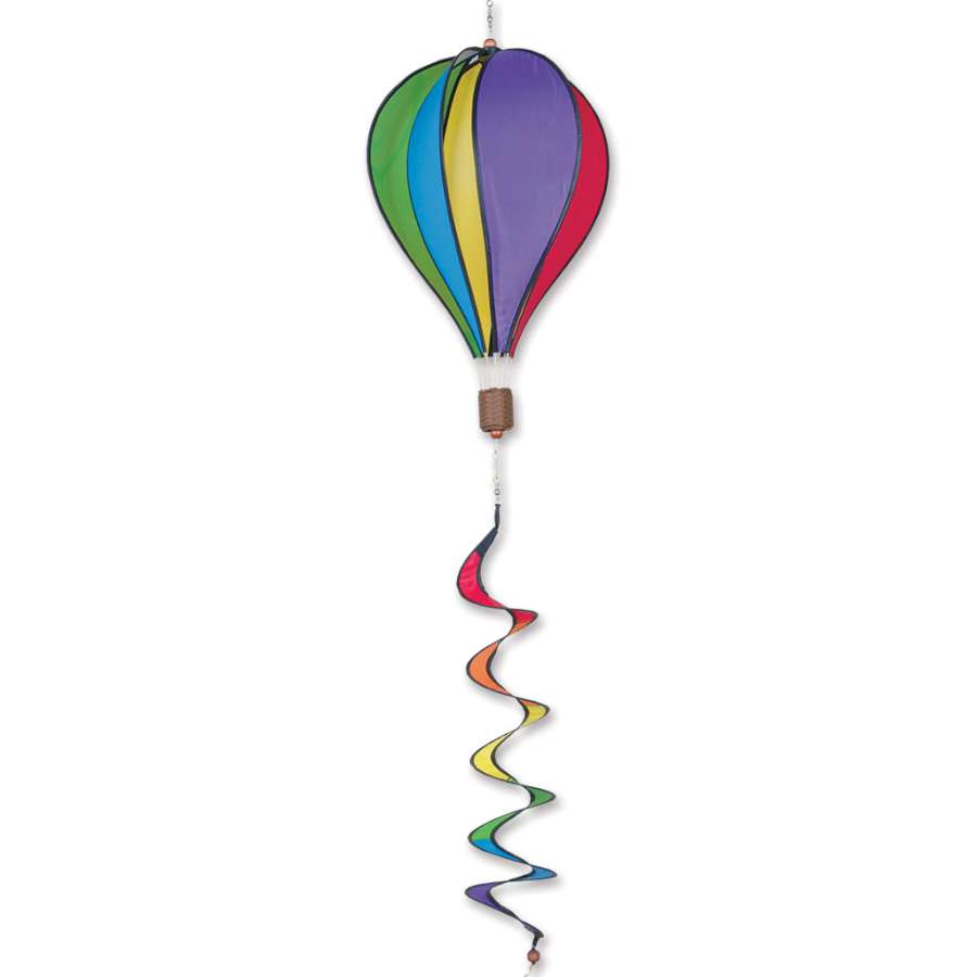 16-inch rainbow hot air balloon decoration spinning gently, showcasing vibrant colors, hanging outdoors in a garden setting.