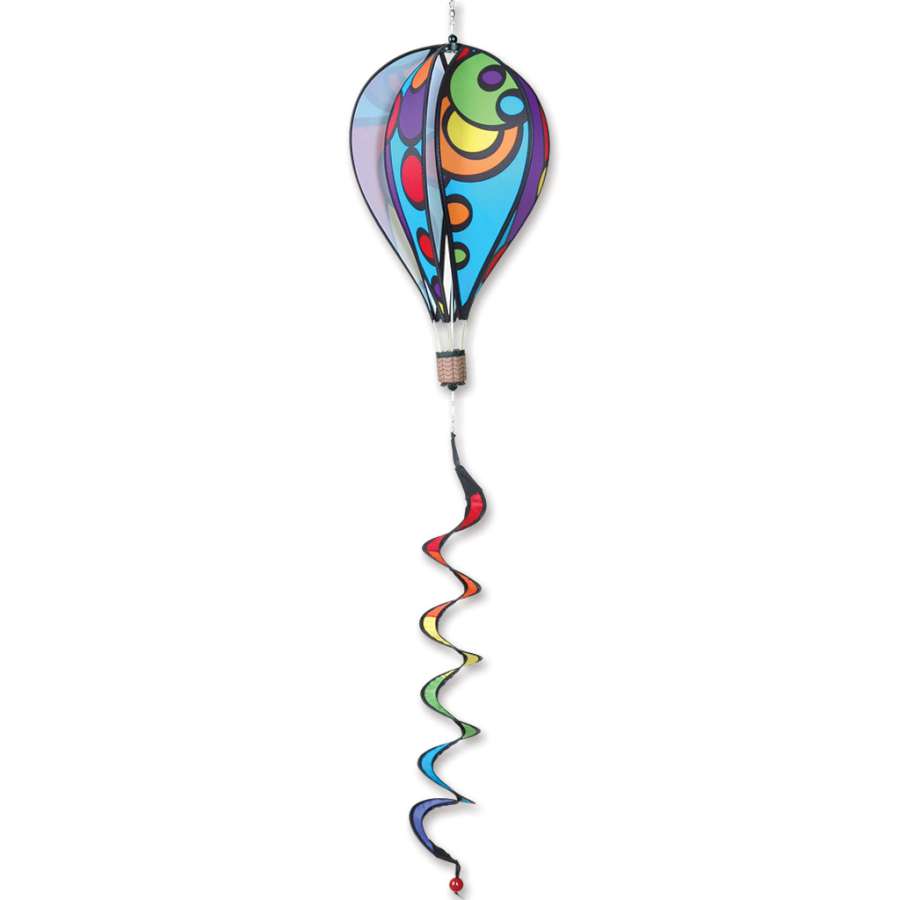 16 in. Rainbow Orbit hot air balloon displayed outdoors, spinning gracefully with vibrant colors under clear blue skies.