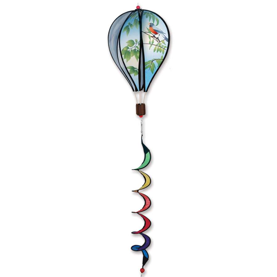 16 in. Hot Air Balloon featuring robins design, spinning gently in a garden setting, creating a delightful visual display.