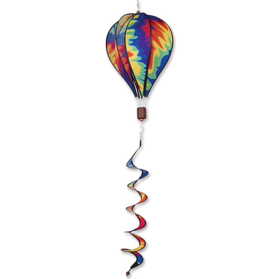 Vivid 16-inch tie-dye hot air balloon spinning in a garden setting, showcasing vibrant colors against the sky.