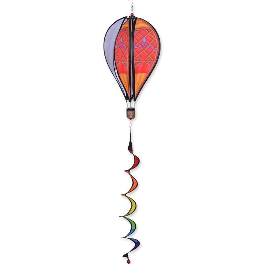 16 in. Red Vintage Hot Air Balloon spinning elegantly in a garden, featuring a colorful design and a 30-inch twister tail.