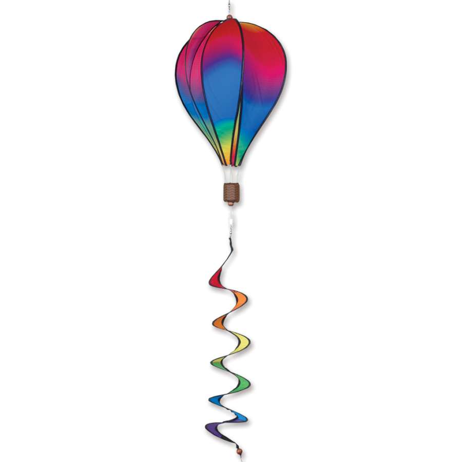 16 inch Wavy Gradient Hot Air Balloon spinning gracefully against a backdrop of greenery, designed for outdoor decoration.