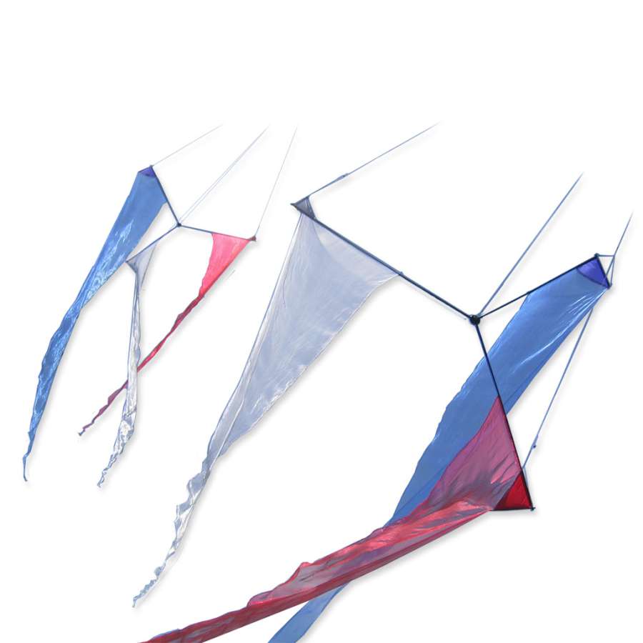 18 ft. Slo Mo Twister kite in Red, White, and Black spinning gracefully in the sky, showcasing its elegant organza fabric design.