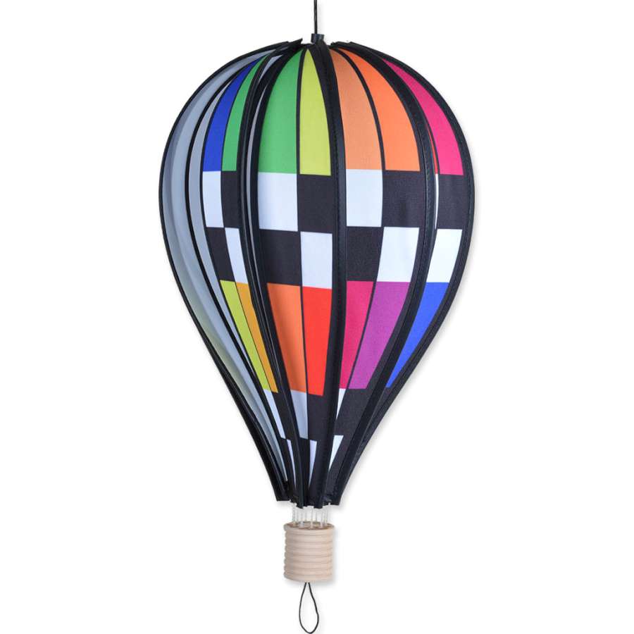 18 in. Hot Air Balloon - Checkered Rainbow spinning in an outdoor setting, showcasing vibrant colors against a clear sky.