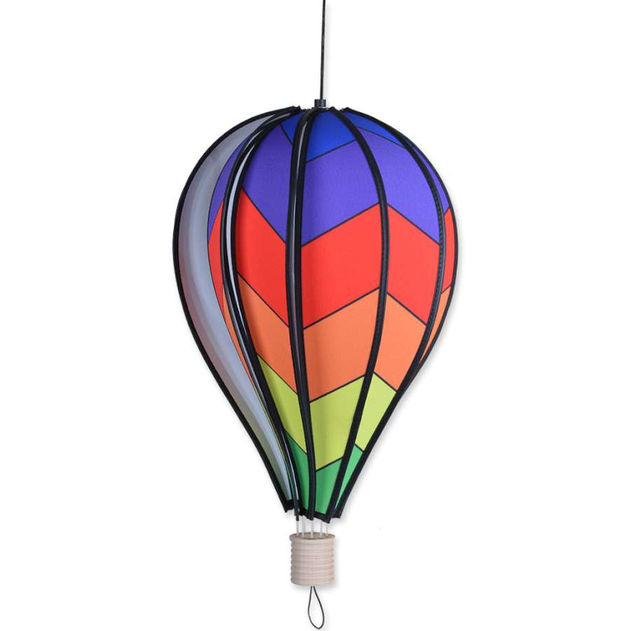 18 in. Hot Air Balloon in Chevron Rainbow design spinning in the breeze, showcasing vibrant colors for indoor or outdoor decoration.