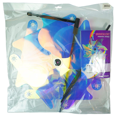18-inch iridescent pinwheel spinner with colorful Mylar petals spinning on a garden pole, reflecting light in a vibrant outdoor setting.