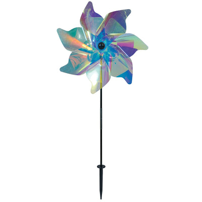 18-inch iridescent pinwheel spinner with colorful Mylar petals spinning on a garden pole, reflecting light in a vibrant outdoor setting.