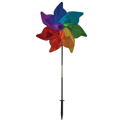 18-inch Rainbow Sparkle Pinwheel Spinner made of Mylar with vibrant colors spinning in the wind on a garden pole.