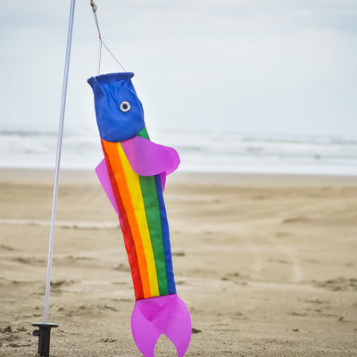 18-inch Rainbow Trout on a 21-inch no-shatter plastic wand, features a colorful design perfect for playful outdoor and indoor activities.
