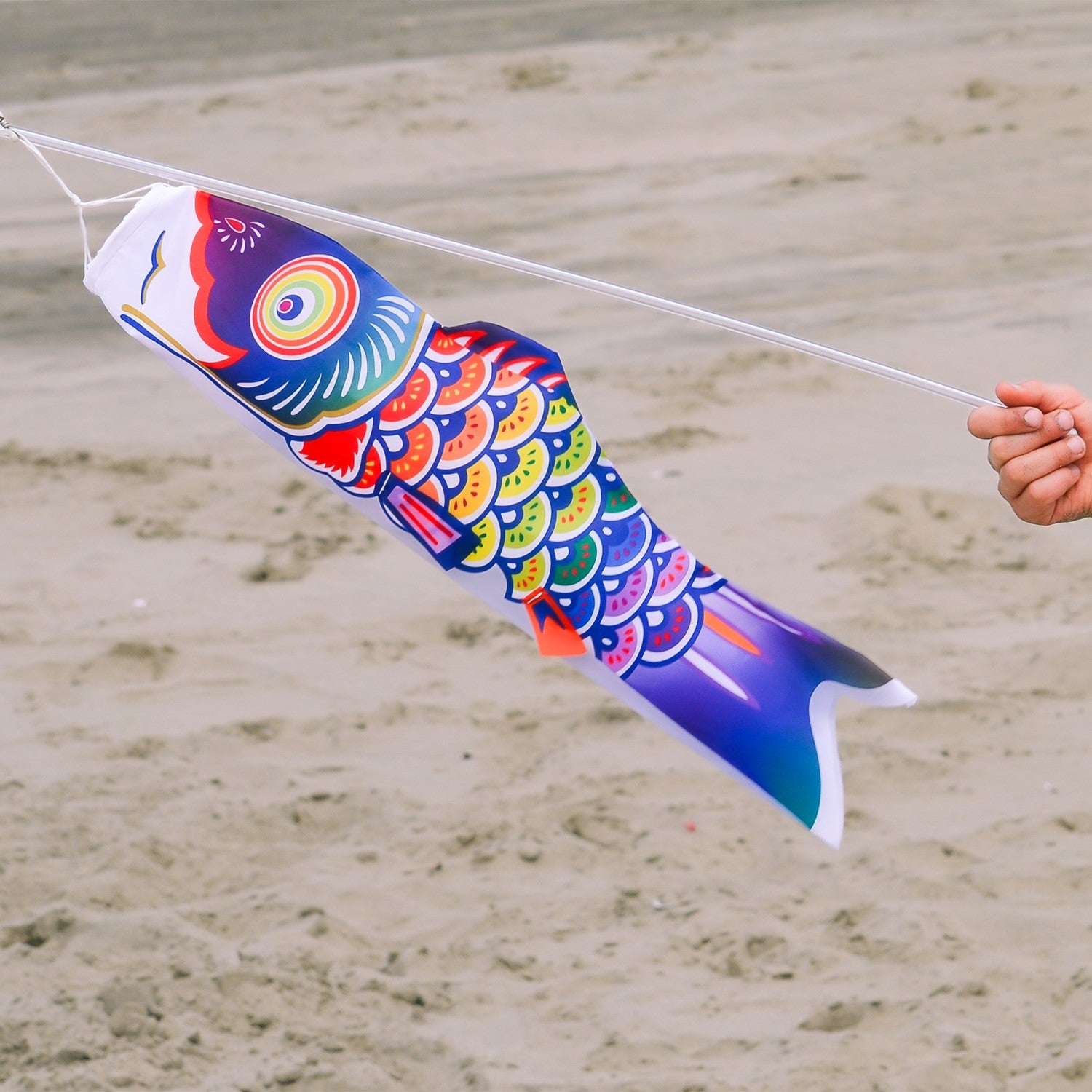 18-inch Spectrum Koi windsock attached to a 24-inch no-shatter plastic wand, displaying vibrant colors outdoors.