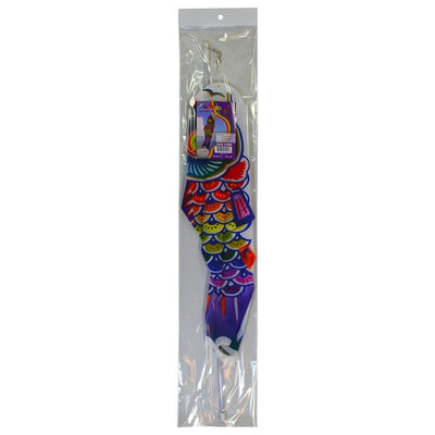 18-inch Spectrum Koi windsock attached to a 24-inch no-shatter plastic wand, displaying vibrant colors outdoors.