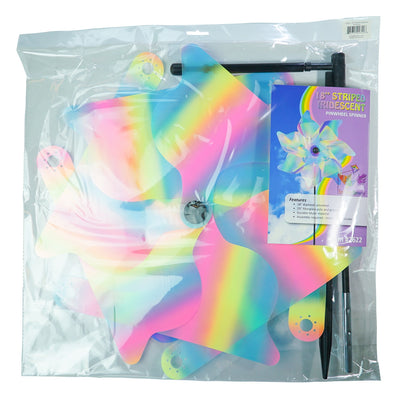 18-inch striped iridescent pinwheel spinner made of durable Mylar, vibrant pastel colors, displayed outdoors in a garden setting.