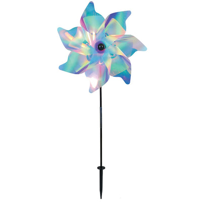 18-inch striped iridescent pinwheel spinner made of durable Mylar, vibrant pastel colors, displayed outdoors in a garden setting.