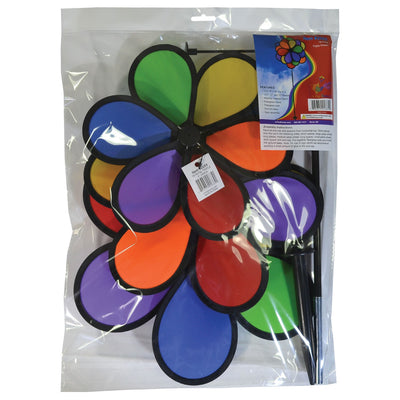 18 Petal Triple Flower Spinner with vibrant rainbow colors and rotating flower petals displayed in a garden on a sturdy pole.
