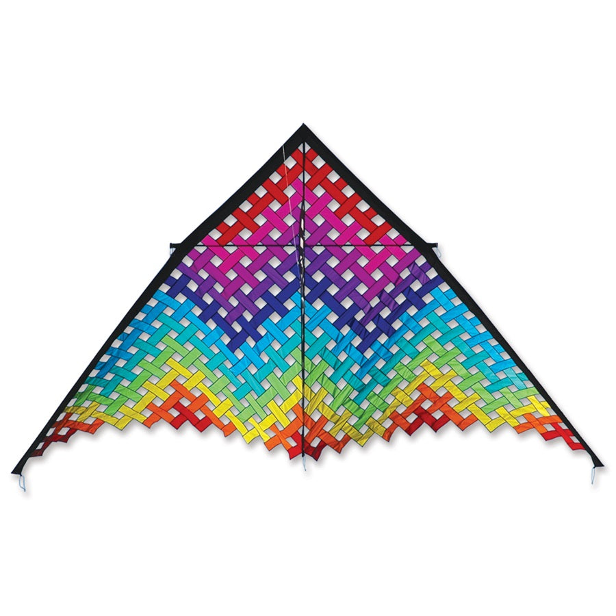 19 ft. Mesh Delta kite with a rainbow design flying high in a clear blue sky, showcasing its impressive size of 230 x 119 inches.