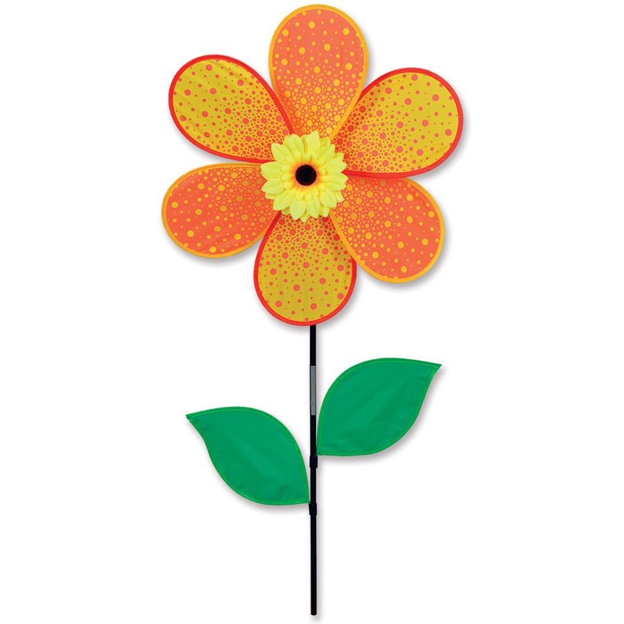 19 in. Flower Spinner - Autumn Sunflower, featuring colorful petals spinning in the wind in a garden setting with a clear blue sky.