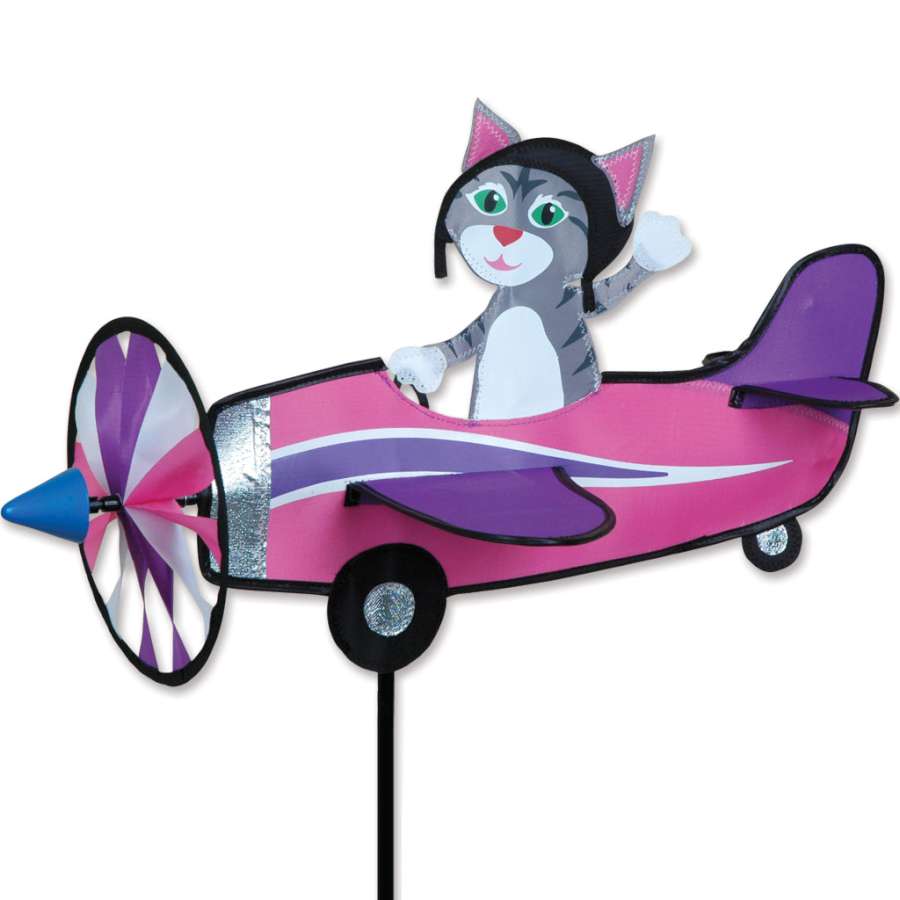 19 in. Pilot Pal Spinner - Gray Kitty featuring an adorable pilot kitty spinning gracefully in a garden setting, adding whimsy to outdoor decor.