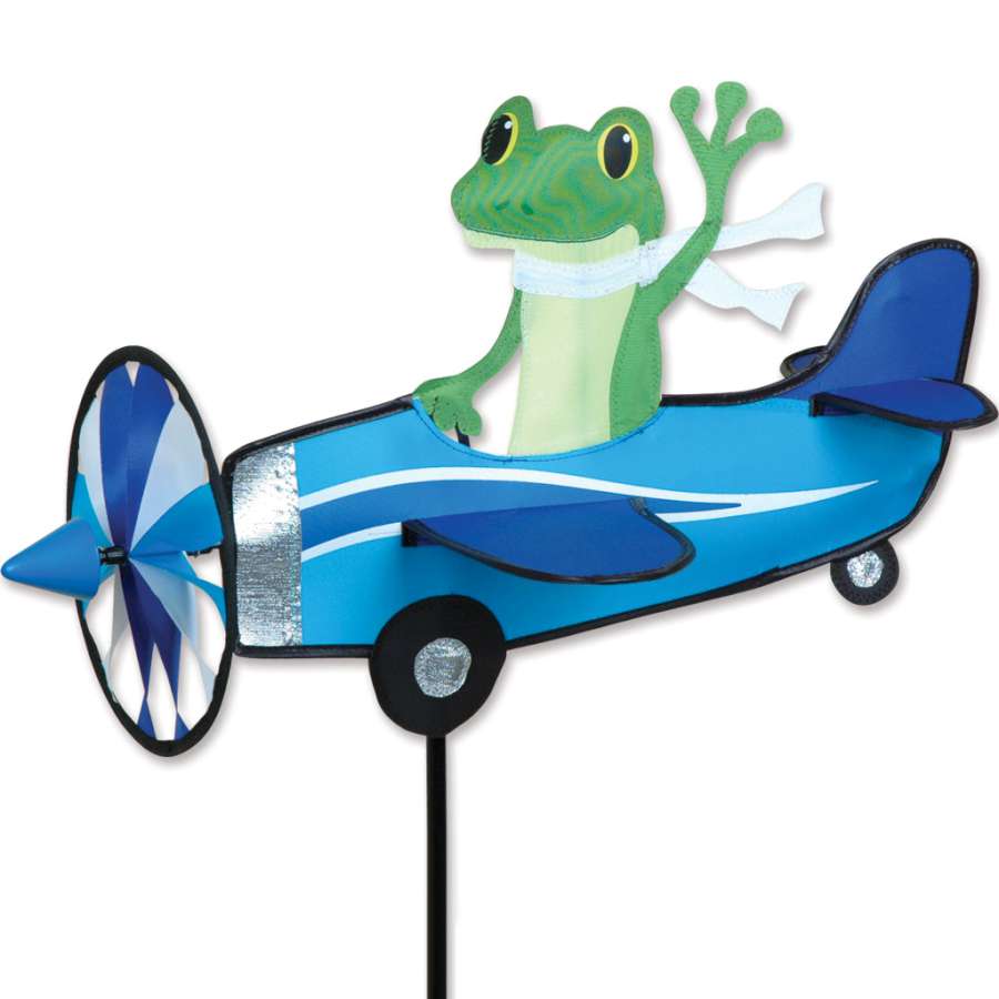 19 in. Pilot Pal Spinner featuring a playful tree frog pilot, delightfully spinning in the breeze in a vibrant garden setting.