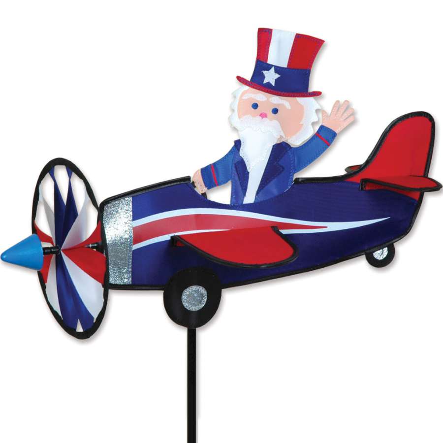 19 in. Pilot Pal Spinner - Uncle Sam in colorful design, spinning in the garden, showcasing its vibrant details and whimsical character.