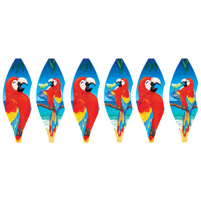 Colorful 19 in. Pop-Open Hot Air Balloon with '5 O'Clock Somewhere' design spinning in the wind, showcased on a porch railing.