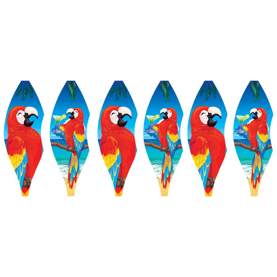 Colorful 19 in. Pop-Open Hot Air Balloon with '5 O'Clock Somewhere' design spinning in the wind, showcased on a porch railing.