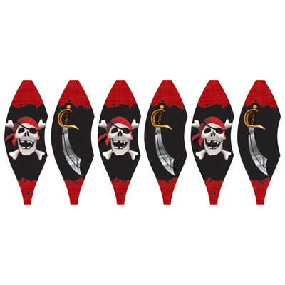 19 in. Pop-Open Hot Air Balloon featuring a Jolly Roger design, spinning gracefully on a deck in an outdoor setting.