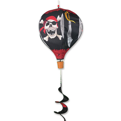 19 in. Pop-Open Hot Air Balloon featuring a Jolly Roger design, spinning gracefully on a deck in an outdoor setting.