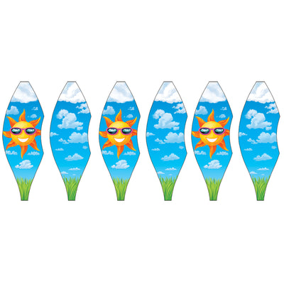 19 in. Pop-Open Hot Air Balloon spinning in the wind, featuring bright summer colors and designs, showcased in a garden setting.