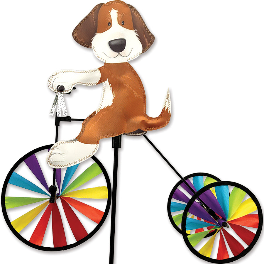 19 inch colorful tricycle spinner for garden decoration with shiny silver tassels on handlebars, spinning joyfully in the breeze.